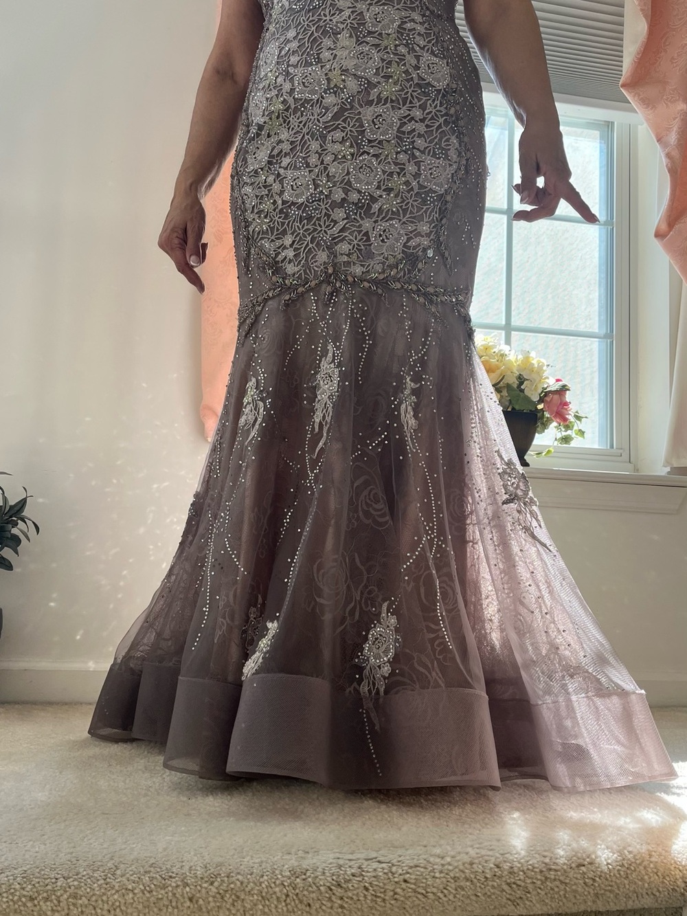 Camille La Vie Lavender Gray Beaded Mermaid Gown